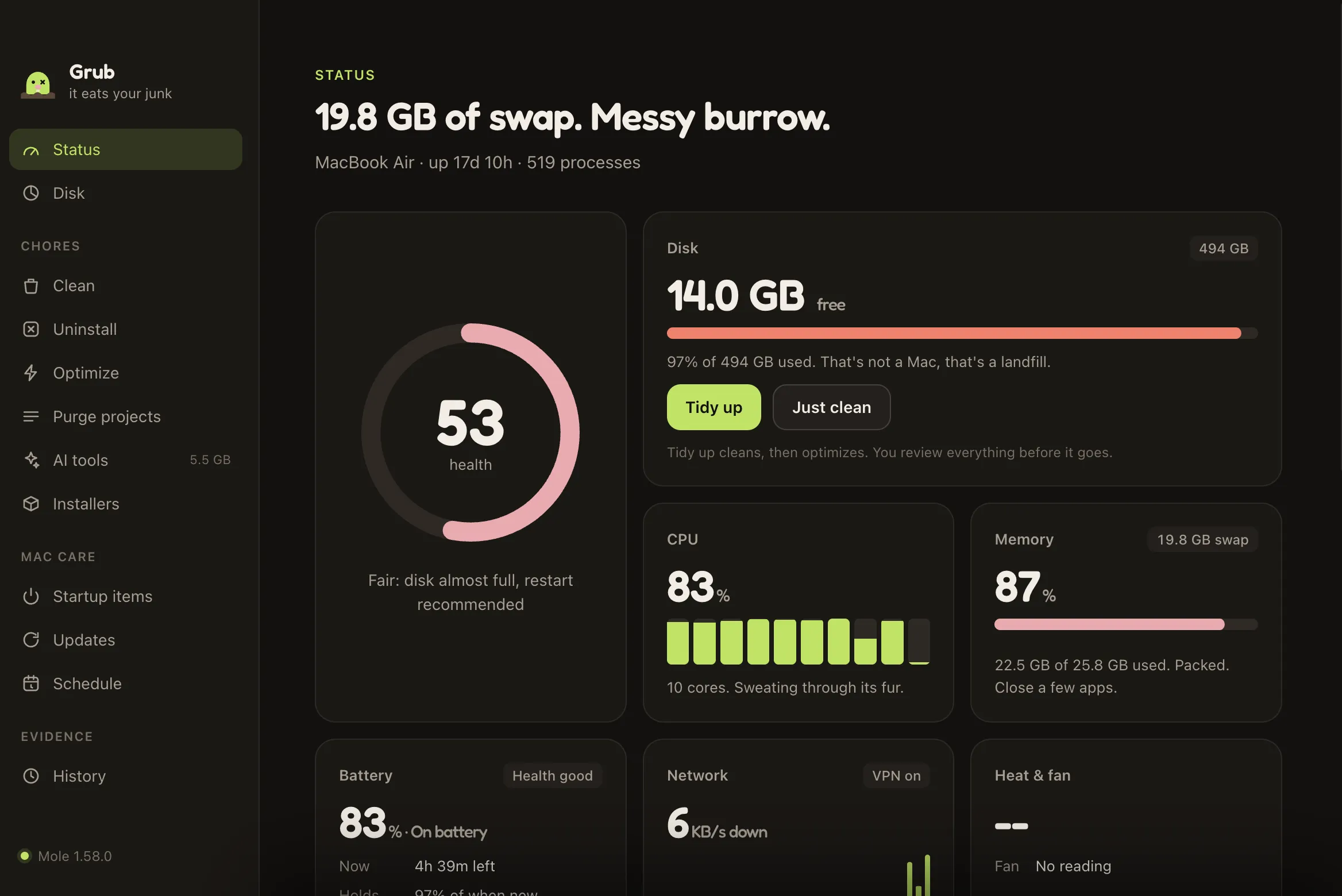 Grub on Mac: the Status page with a health score of 53, free disk space, CPU and memory
