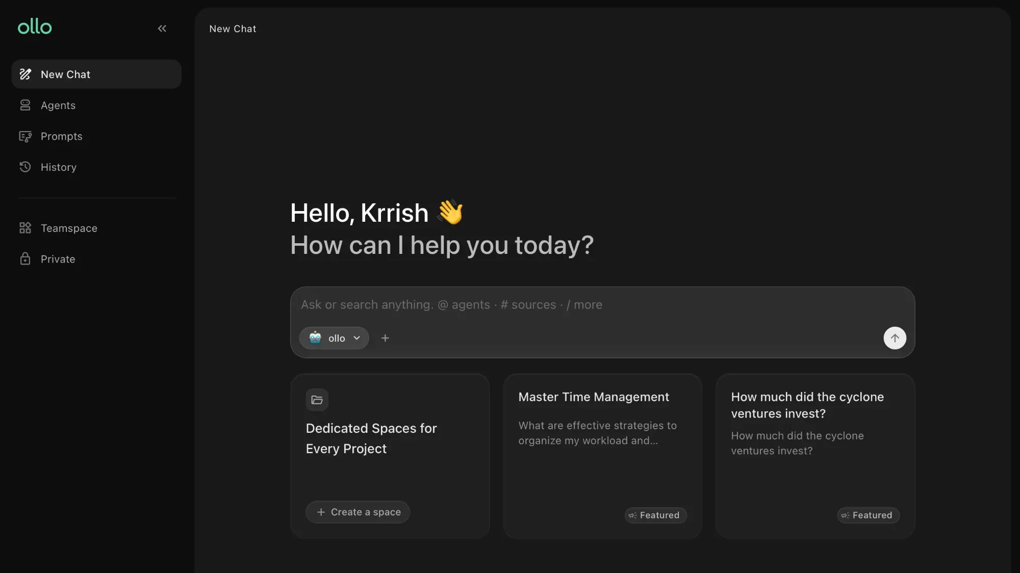 ollo: a new chat with the ollo agent, a sidebar of agents, prompts and spaces, and suggested prompts