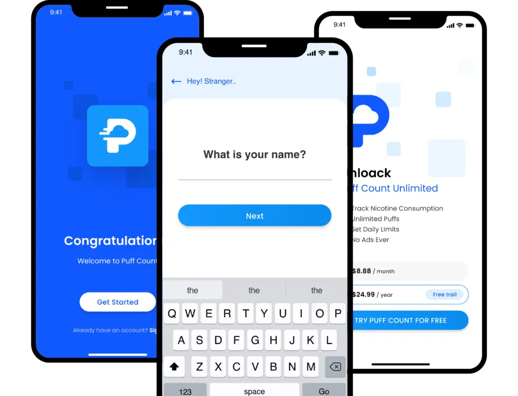 Puff Count onboarding screens