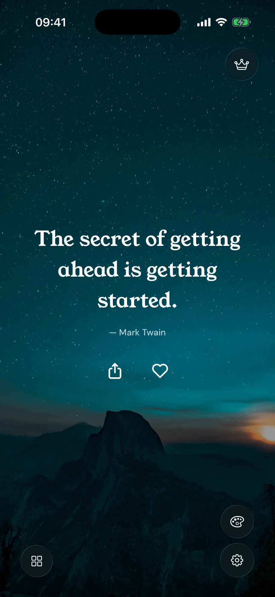 Rise on iPhone: the daily quote over a night sky, between the font and background picker and the widget styles