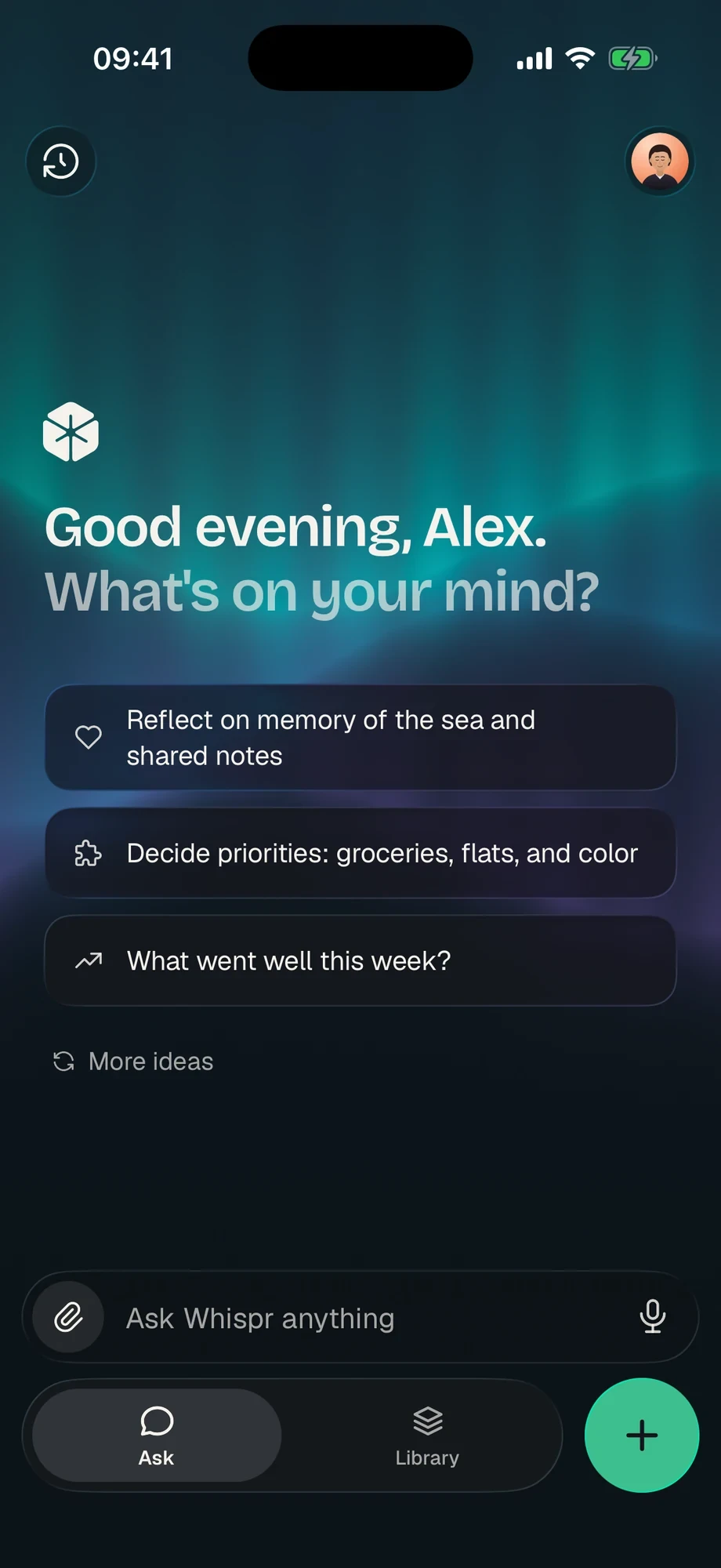 Whispr on iPhone: the Ask home screen with starter prompts, between the library of notes and an answer drawn from three notes